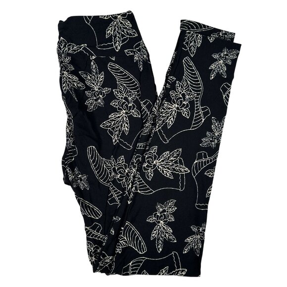 LuLaRoe Shoes Old Fashioned Black Cream Flowers Tea Party Leggings One Size OS - Picture 1 of 6